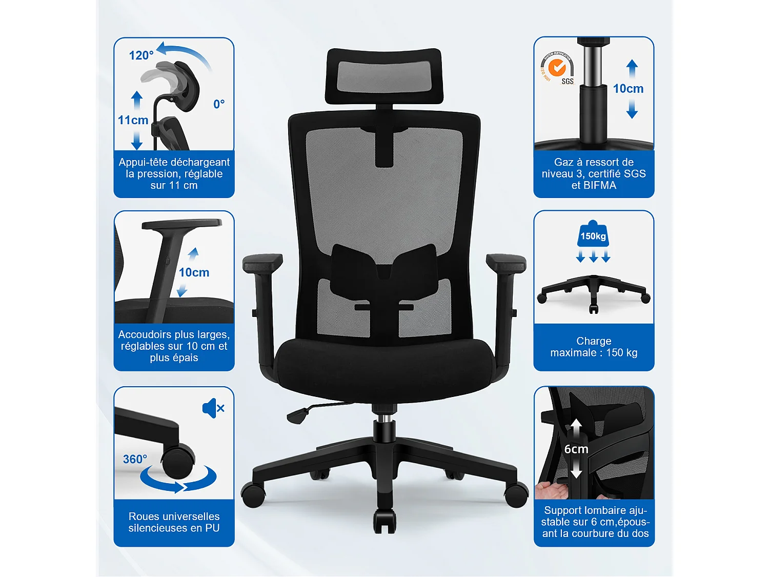 Hiazurm chaise de bureau ergonomique avec appuie-tête et accoudoirs réglables en hauteur – fauteuil de bureau confortable pour le travail à domicile
