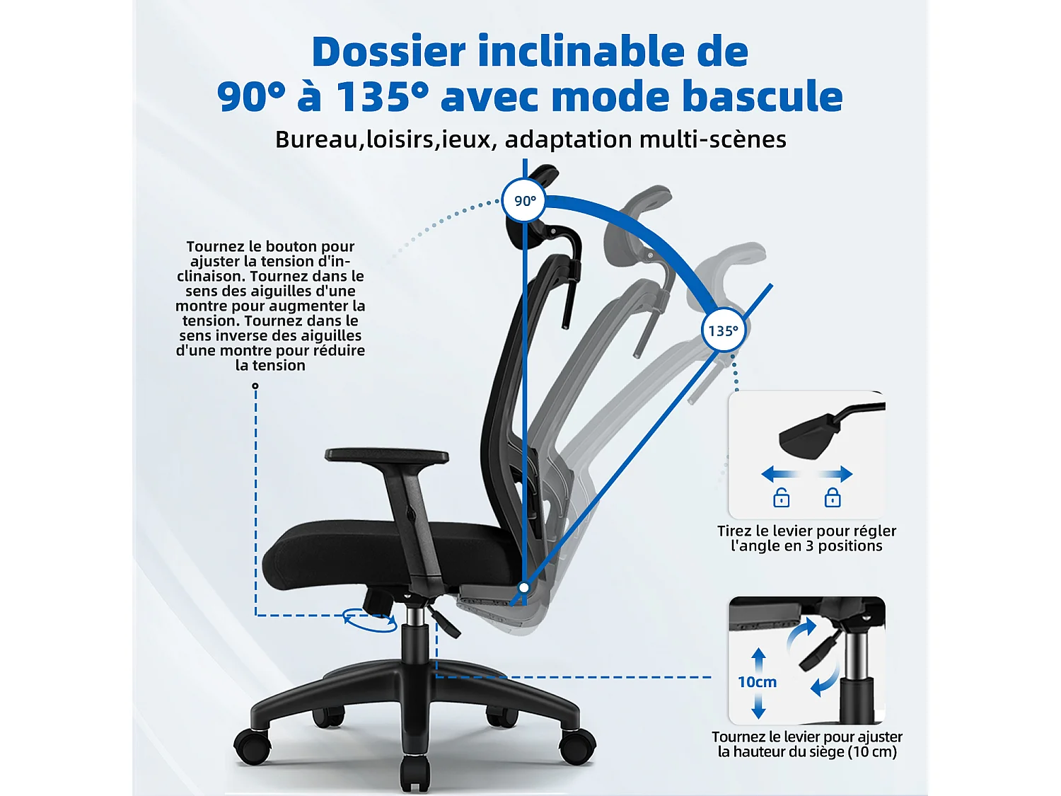 Hiazurm chaise de bureau ergonomique avec appuie-tête et accoudoirs réglables en hauteur – fauteuil de bureau confortable pour le travail à domicile