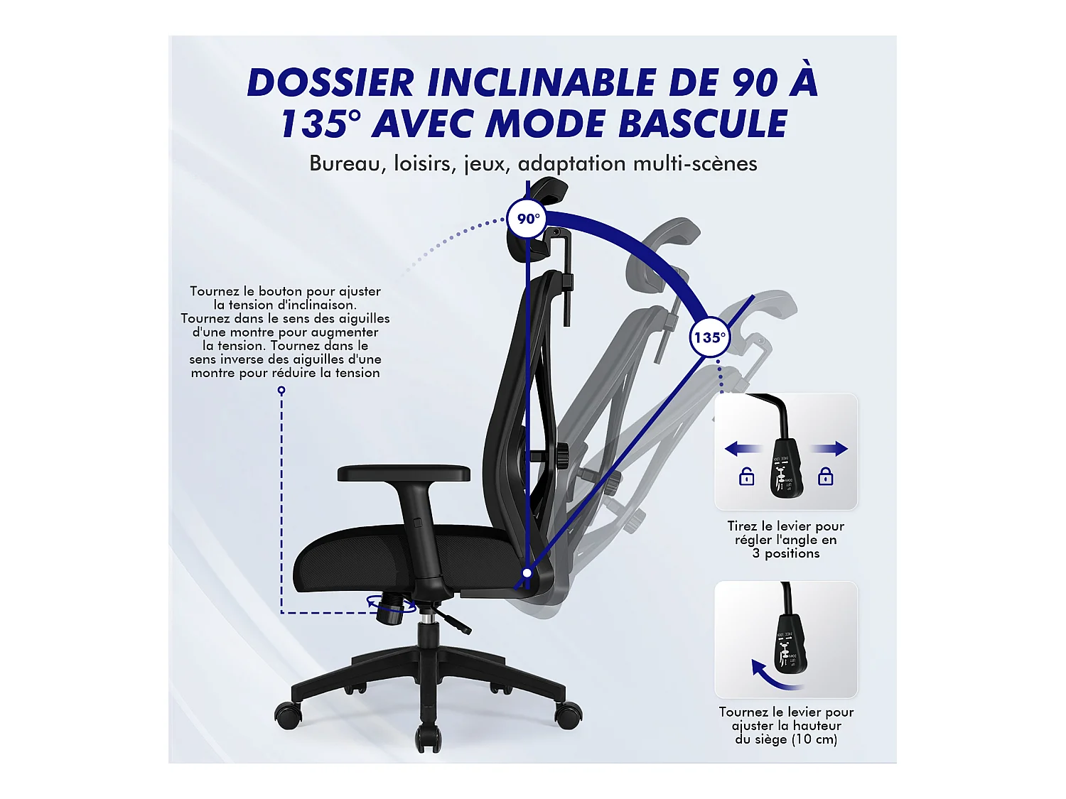 Hiazurm chaise de bureau ergonomique avec appuie-tête et accoudoirs réglables en hauteur – fauteuil de bureau confortable pour le travail à domicile