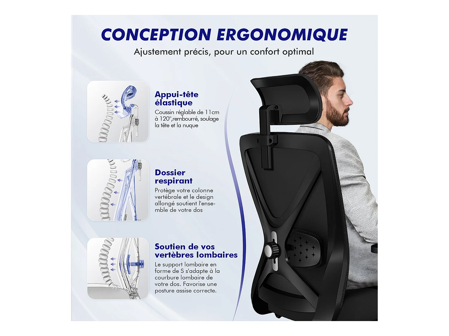 Hiazurm chaise de bureau ergonomique avec appuie-tête et accoudoirs réglables en hauteur – fauteuil de bureau confortable pour le travail à domicile