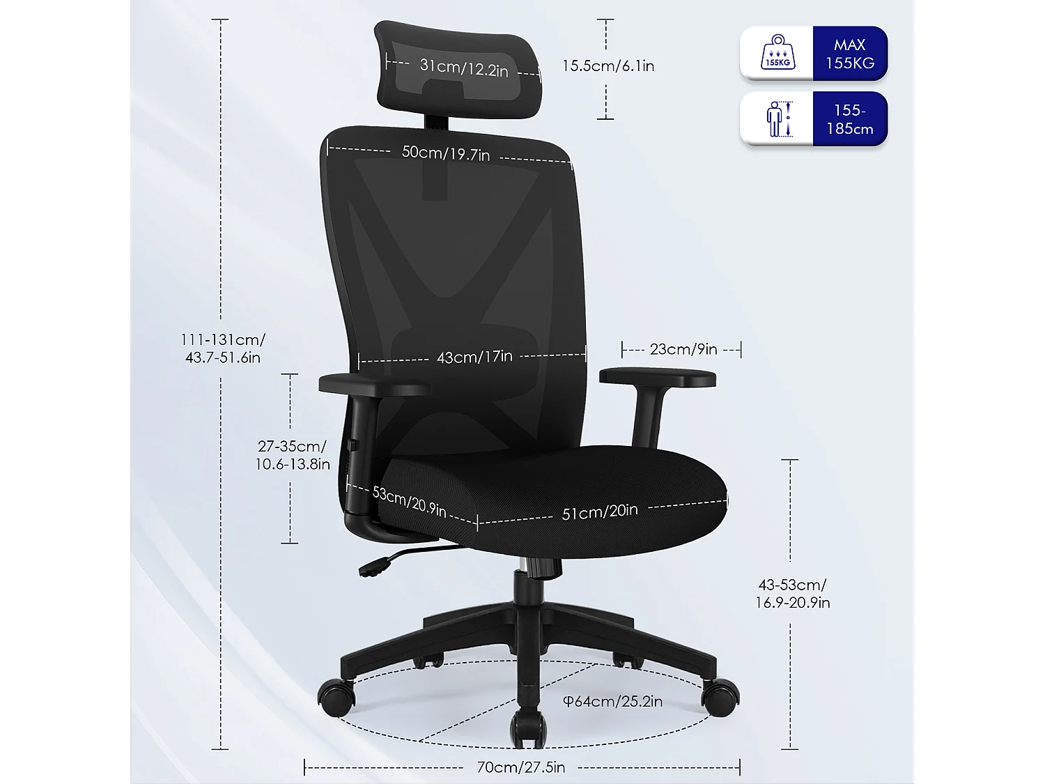 Hiazurm chaise de bureau ergonomique avec appuie-tête et accoudoirs réglables en hauteur – fauteuil de bureau confortable pour le travail à domicile