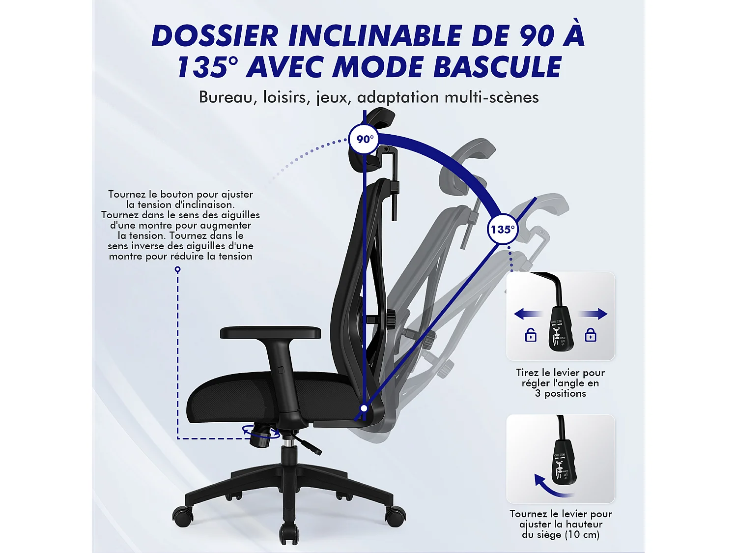Hiazurm chaise de bureau ergonomique avec appuie-tête et accoudoirs réglables en hauteur – fauteuil de bureau confortable pour le travail à domicile