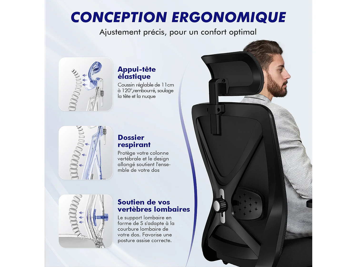 Hiazurm chaise de bureau ergonomique avec appuie-tête et accoudoirs réglables en hauteur – fauteuil de bureau confortable pour le travail à domicile