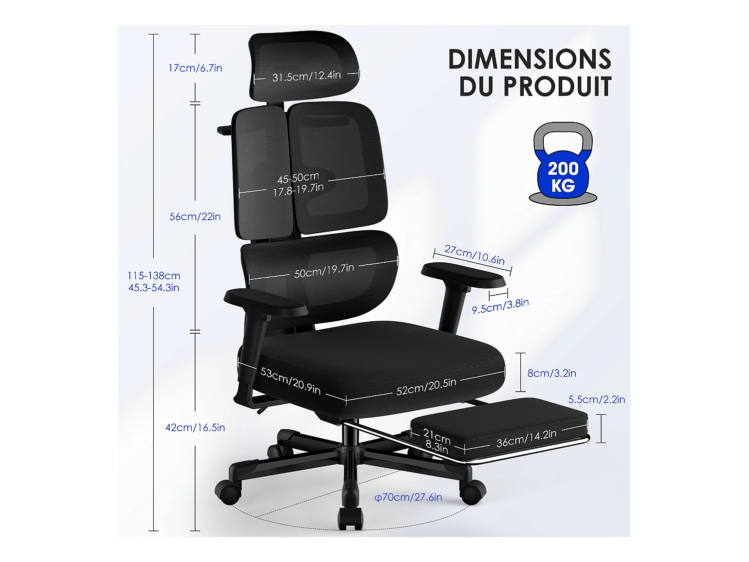 Hiazurm chaise de bureau ergonomique avec appuie-tête et accoudoirs réglables en hauteur – fauteuil de bureau confortable pour le travail à domicile
