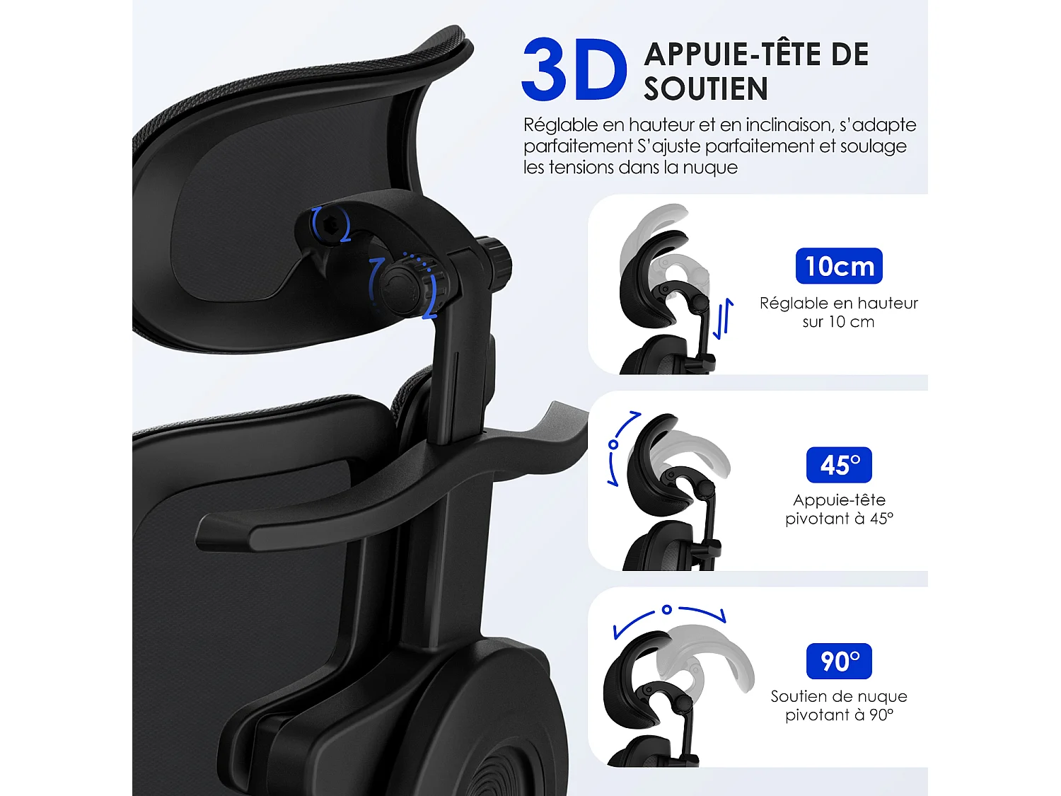 Hiazurm chaise de bureau ergonomique avec appuie-tête et accoudoirs réglables en hauteur – fauteuil de bureau confortable pour le travail à domicile