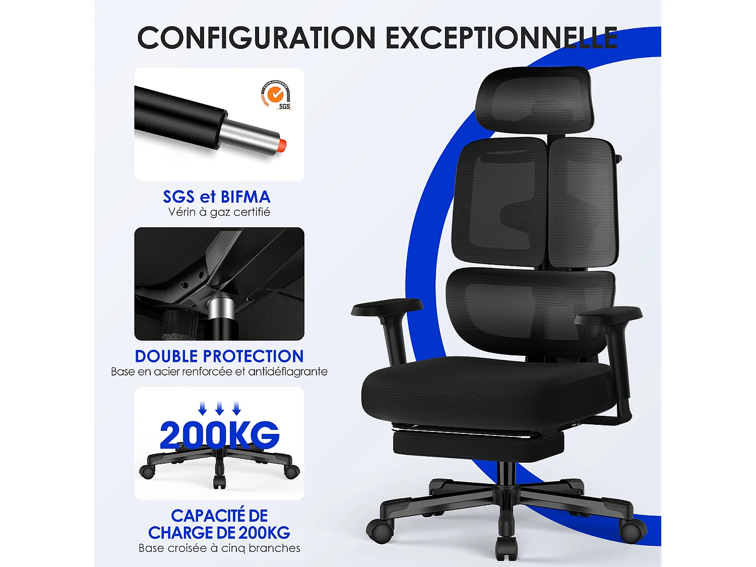 Hiazurm chaise de bureau ergonomique avec appuie-tête et accoudoirs réglables en hauteur – fauteuil de bureau confortable pour le travail à domicile