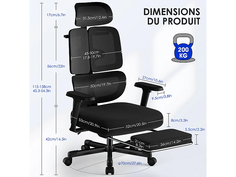 Hiazurm chaise de bureau ergonomique avec appuie-tête et accoudoirs réglables en hauteur – fauteuil de bureau confortable pour le travail à domicile