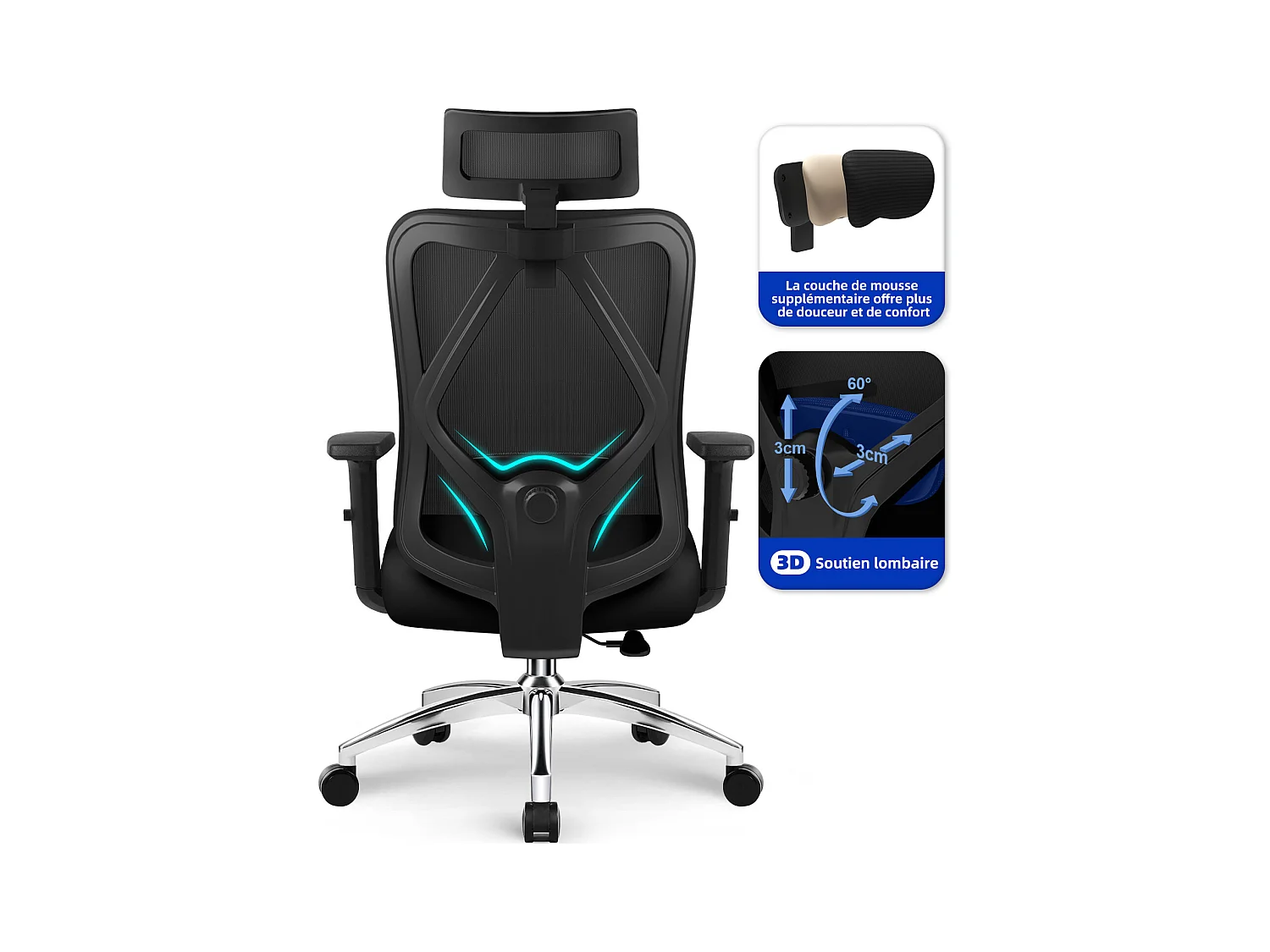 Hiazurm chaise de bureau ergonomique avec appuie-tête et accoudoirs réglables en hauteur – fauteuil de bureau confortable pour le travail à domicile