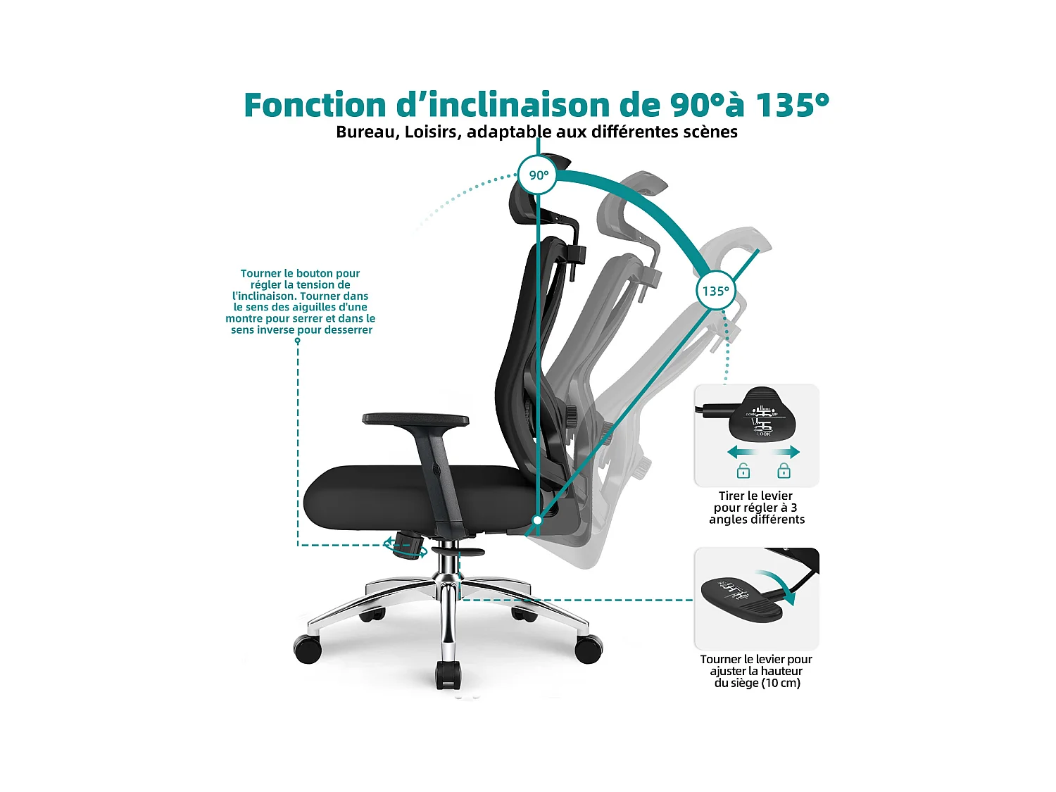 Hiazurm chaise de bureau ergonomique avec appuie-tête et accoudoirs réglables en hauteur – fauteuil de bureau confortable pour le travail à domicile