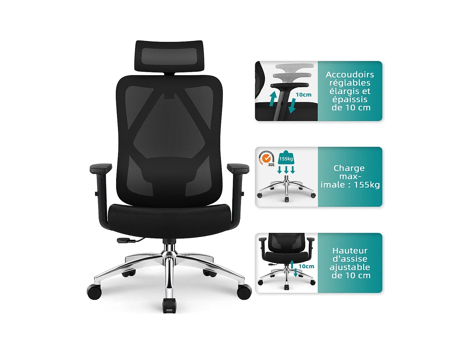 Hiazurm chaise de bureau ergonomique avec appuie-tête et accoudoirs réglables en hauteur – fauteuil de bureau confortable pour le travail à domicile