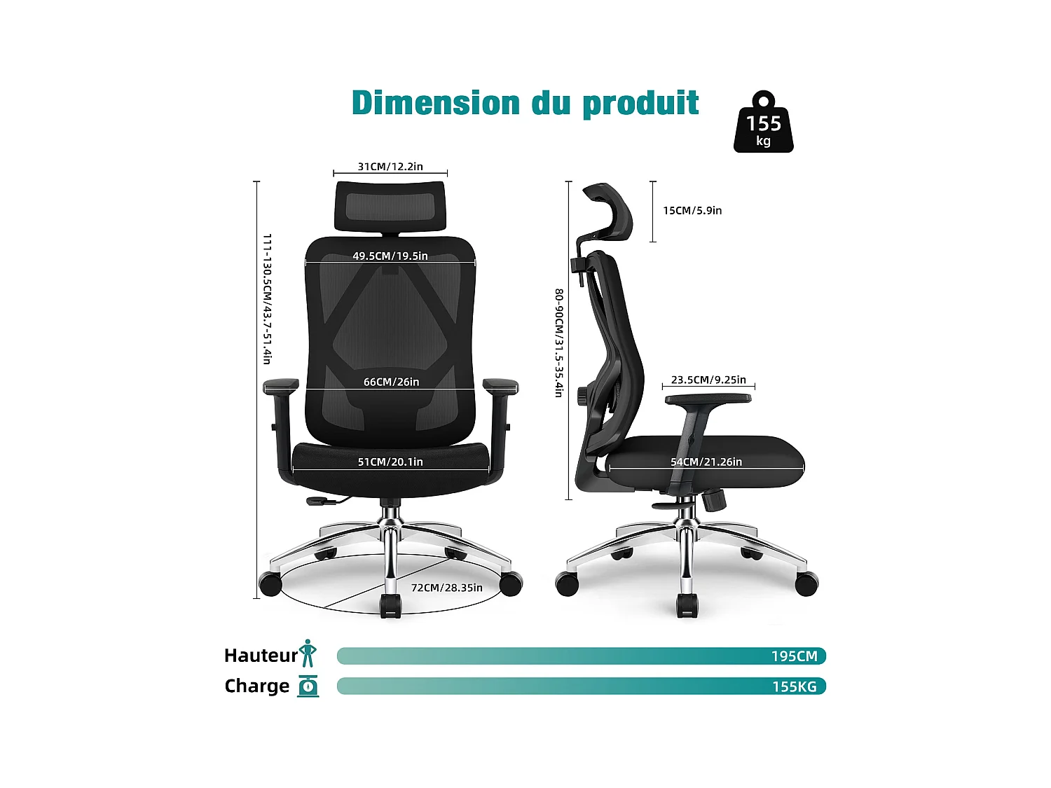 Hiazurm chaise de bureau ergonomique avec appuie-tête et accoudoirs réglables en hauteur – fauteuil de bureau confortable pour le travail à domicile