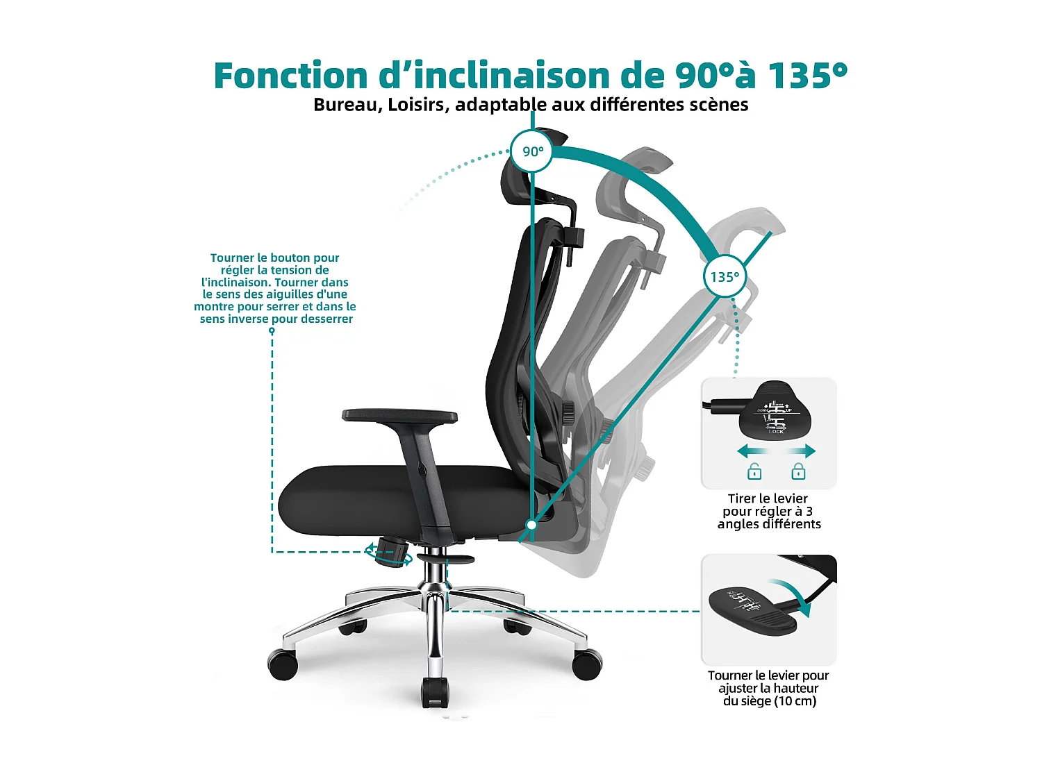 Hiazurm chaise de bureau ergonomique avec appuie-tête et accoudoirs réglables en hauteur – fauteuil de bureau confortable pour le travail à domicile