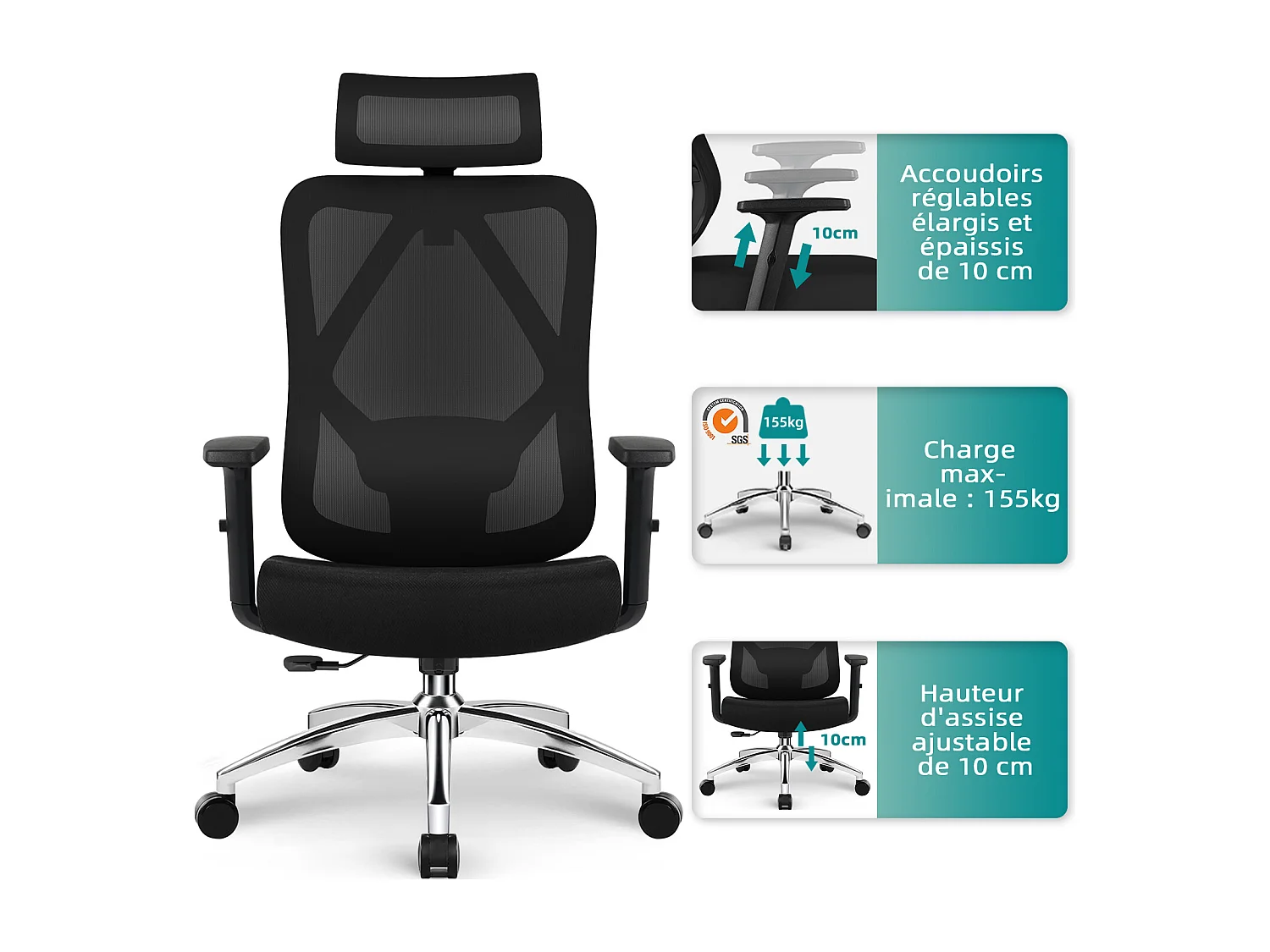 Hiazurm chaise de bureau ergonomique avec appuie-tête et accoudoirs réglables en hauteur – fauteuil de bureau confortable pour le travail à domicile