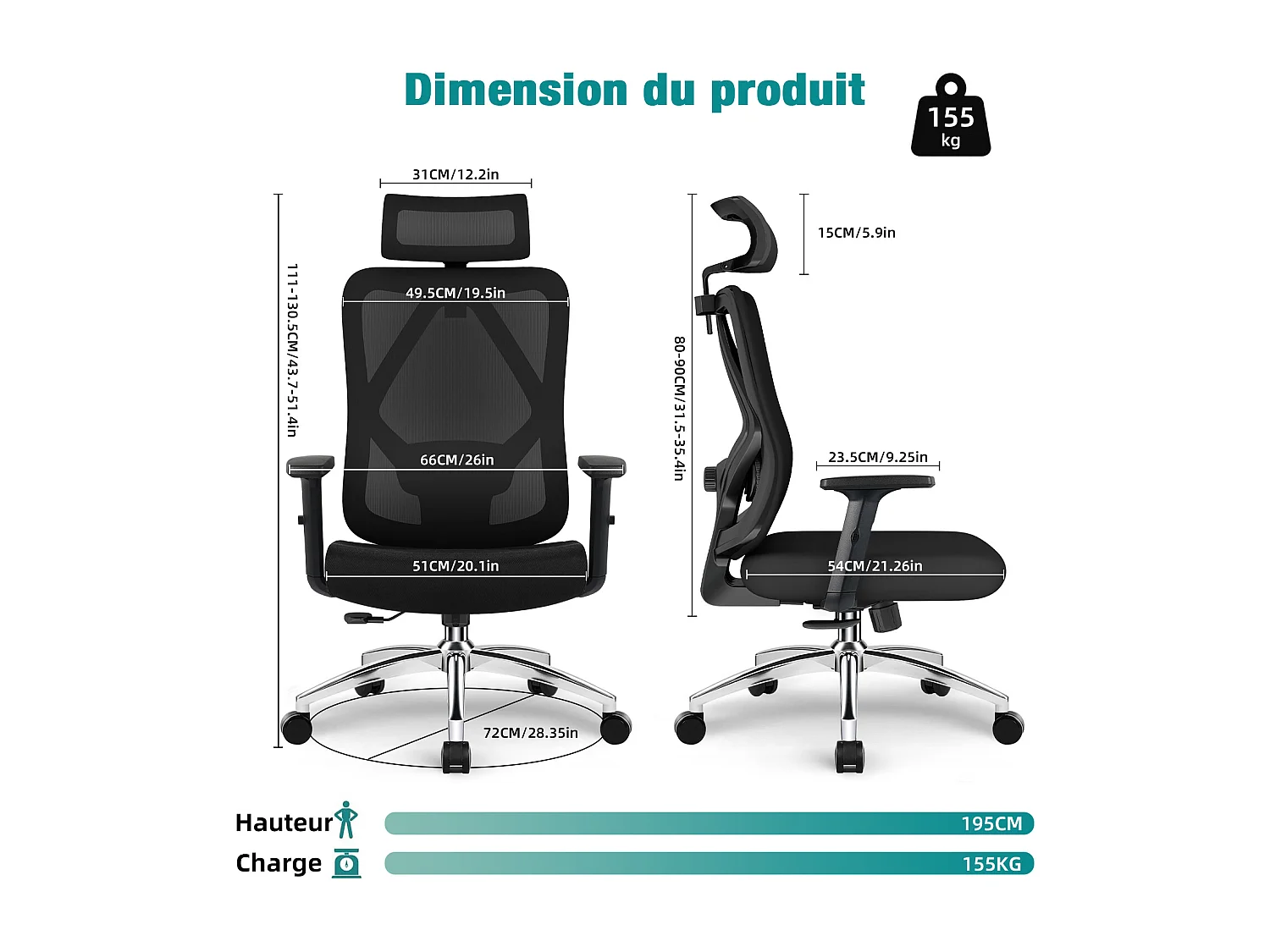 Hiazurm chaise de bureau ergonomique avec appuie-tête et accoudoirs réglables en hauteur – fauteuil de bureau confortable pour le travail à domicile