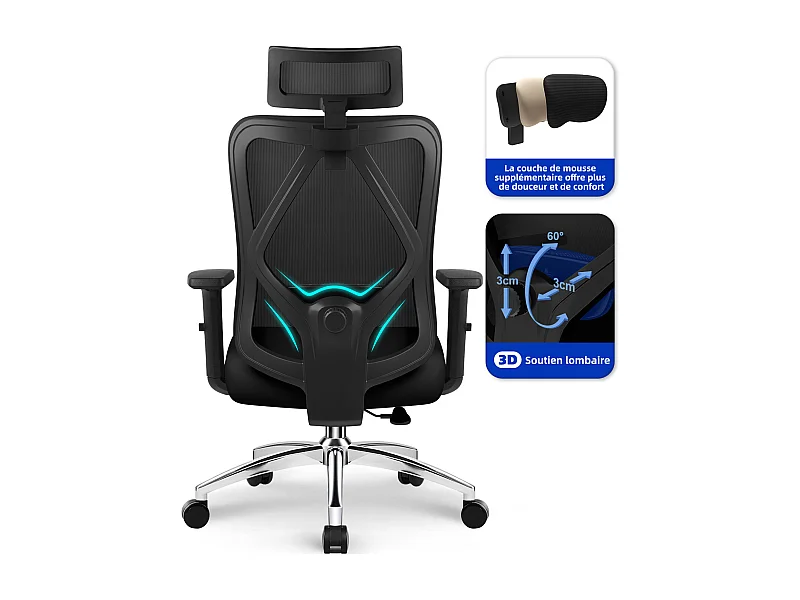Hiazurm chaise de bureau ergonomique avec appuie-tête et accoudoirs réglables en hauteur – fauteuil de bureau confortable pour le travail à domicile