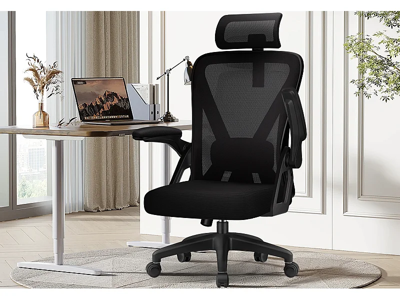 Hiazurm Chaise de Bureau Ergonomique avec Appuie-tête, Fauteuil Confortable avec Accoudoirs Intégrés Rabattables à 90°, Hauteur Réglable et Soutien Lombaire