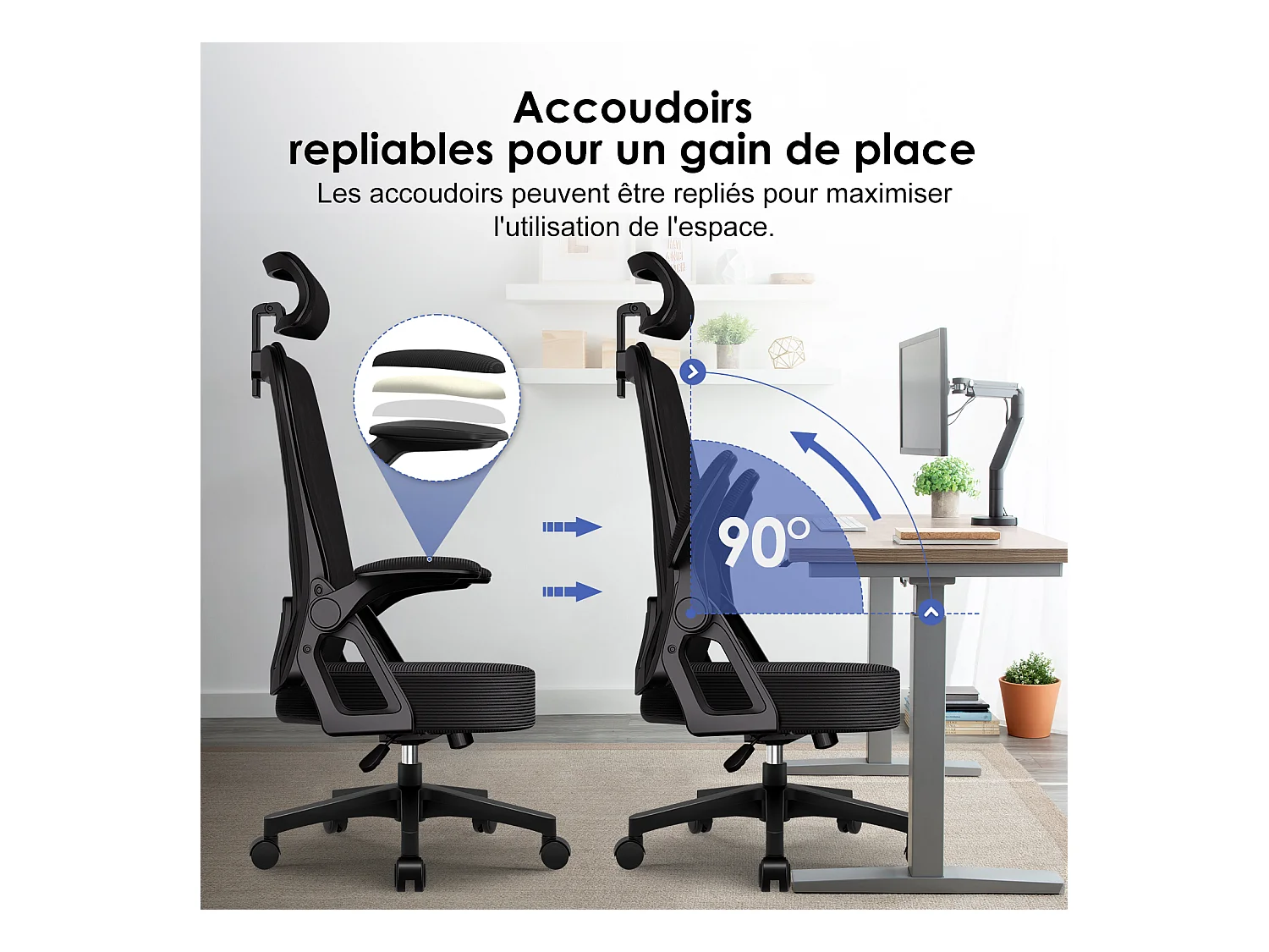 Hiazurm Chaise de Bureau Ergonomique avec Appuie-tête, Fauteuil Confortable avec Accoudoirs Intégrés Rabattables à 90°, Hauteur Réglable et Soutien Lombaire