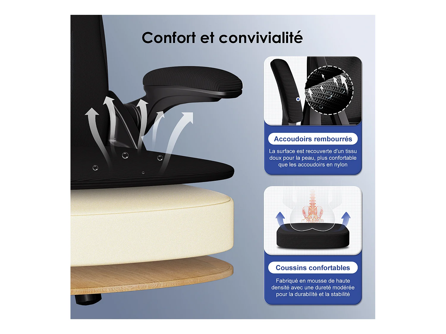 Hiazurm Chaise de Bureau Ergonomique avec Appuie-tête, Fauteuil Confortable avec Accoudoirs Intégrés Rabattables à 90°, Hauteur Réglable et Soutien Lombaire