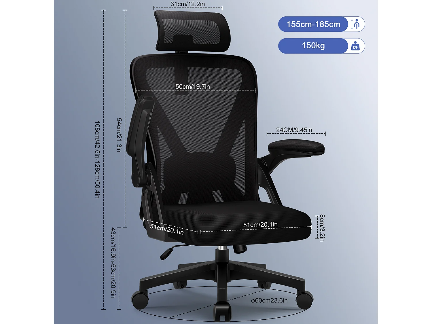 Hiazurm Chaise de Bureau Ergonomique avec Appuie-tête, Fauteuil Confortable avec Accoudoirs Intégrés Rabattables à 90°, Hauteur Réglable et Soutien Lombaire