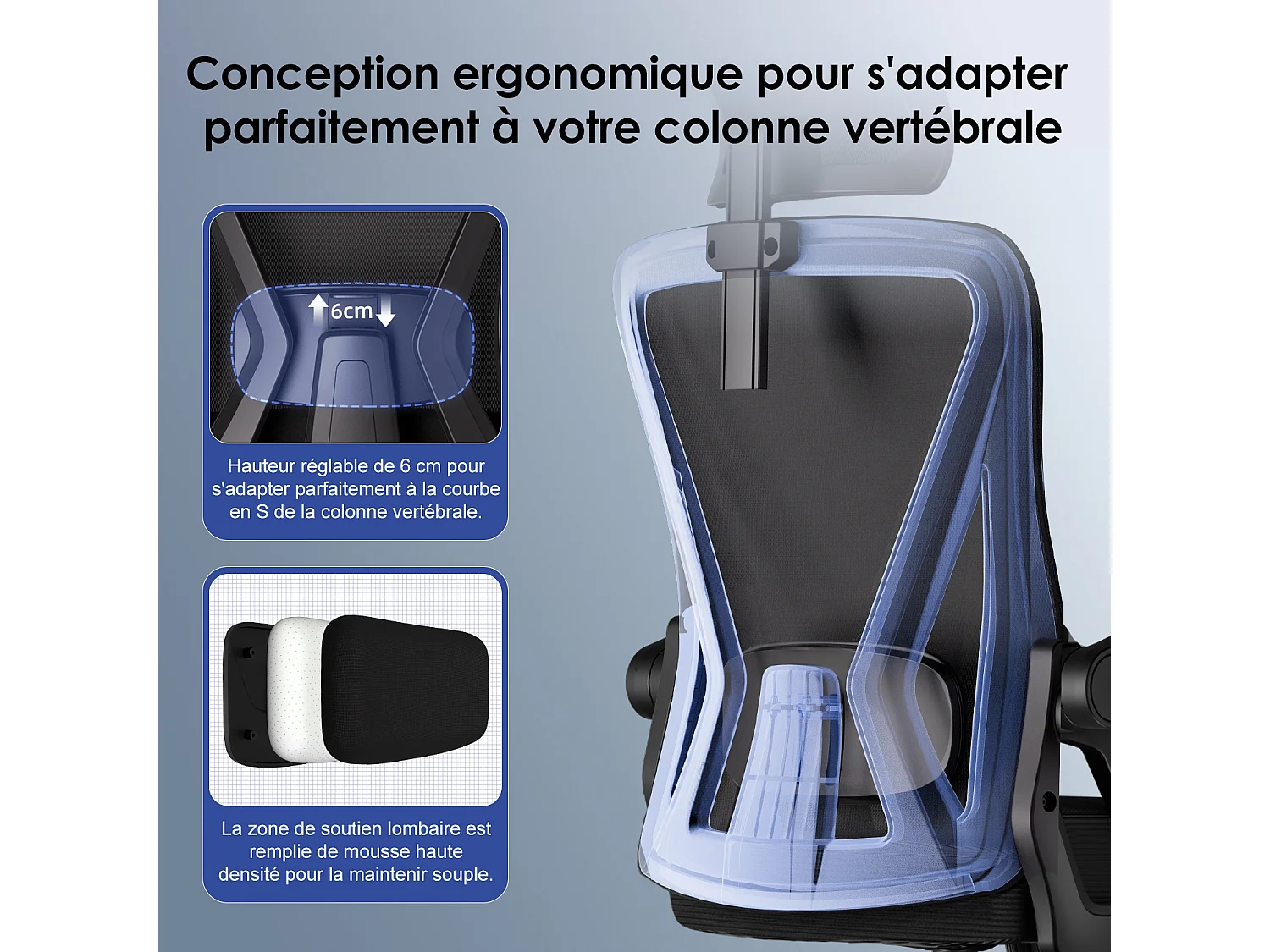 Hiazurm Chaise de Bureau Ergonomique avec Appuie-tête, Fauteuil Confortable avec Accoudoirs Intégrés Rabattables à 90°, Hauteur Réglable et Soutien Lombaire