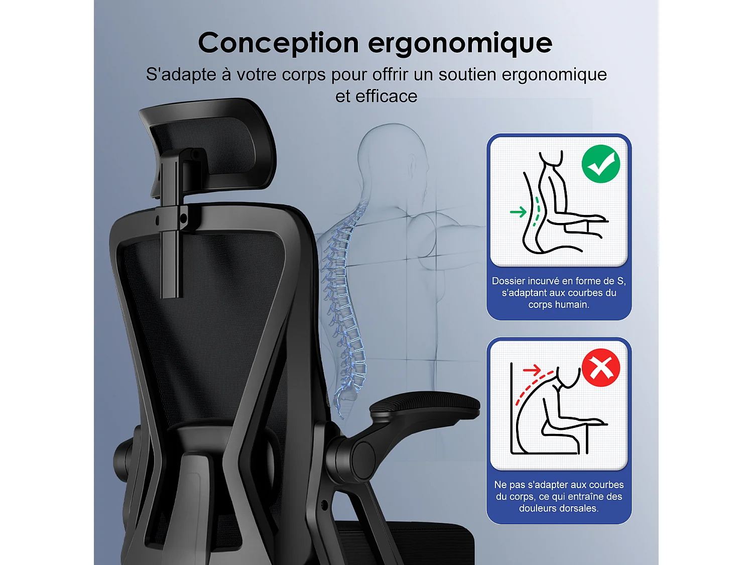 Hiazurm Chaise de Bureau Ergonomique avec Appuie-tête, Fauteuil Confortable avec Accoudoirs Intégrés Rabattables à 90°, Hauteur Réglable et Soutien Lombaire