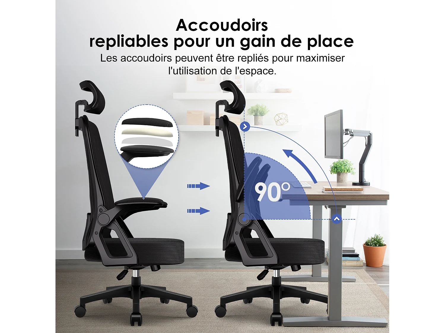 Hiazurm Chaise de Bureau Ergonomique avec Appuie-tête, Fauteuil Confortable avec Accoudoirs Intégrés Rabattables à 90°, Hauteur Réglable et Soutien Lombaire