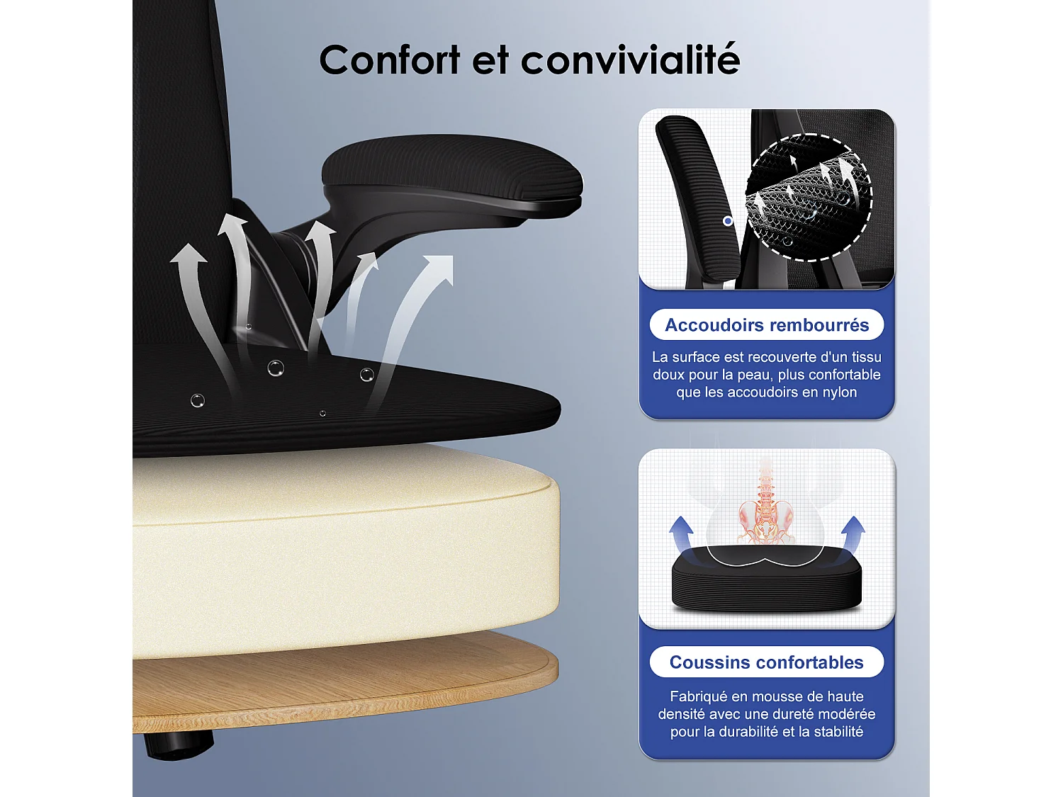 Hiazurm Chaise de Bureau Ergonomique avec Appuie-tête, Fauteuil Confortable avec Accoudoirs Intégrés Rabattables à 90°, Hauteur Réglable et Soutien Lombaire