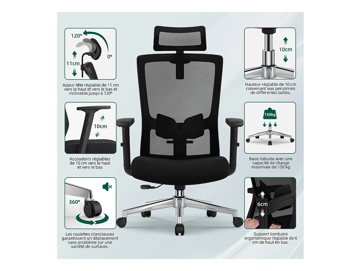 Hiazurm chaise de bureau ergonomique avec appuie-tête et accoudoirs réglables en hauteur – fauteuil de bureau confortable pour le travail à domicile