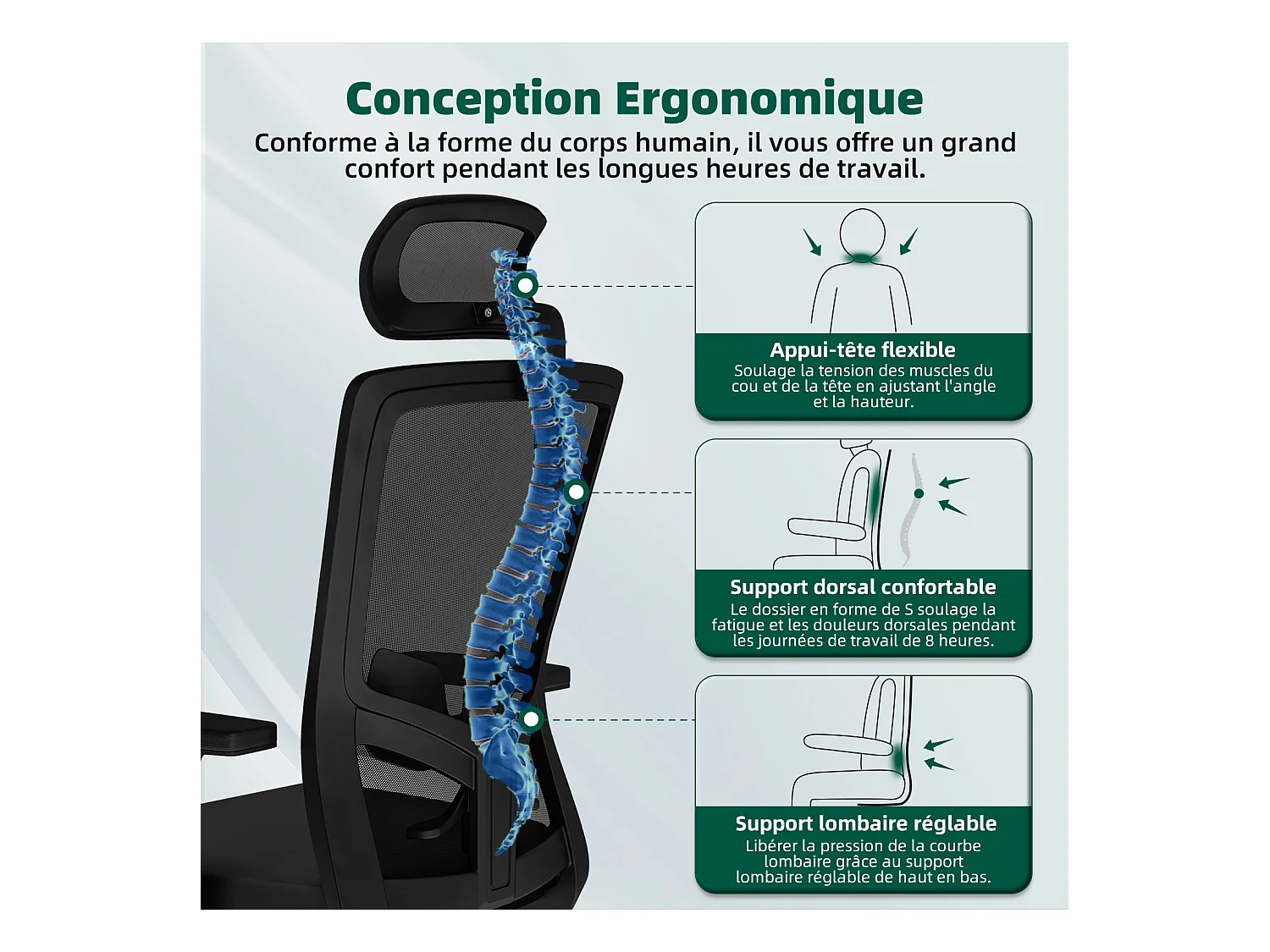 Hiazurm chaise de bureau ergonomique avec appuie-tête et accoudoirs réglables en hauteur – fauteuil de bureau confortable pour le travail à domicile