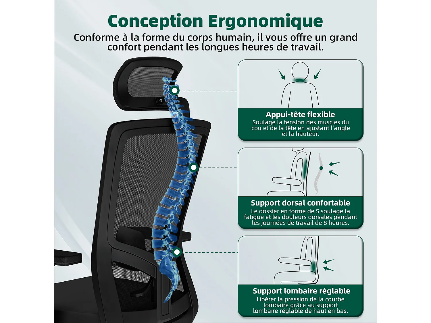 Hiazurm chaise de bureau ergonomique avec appuie-tête et accoudoirs réglables en hauteur – fauteuil de bureau confortable pour le travail à domicile