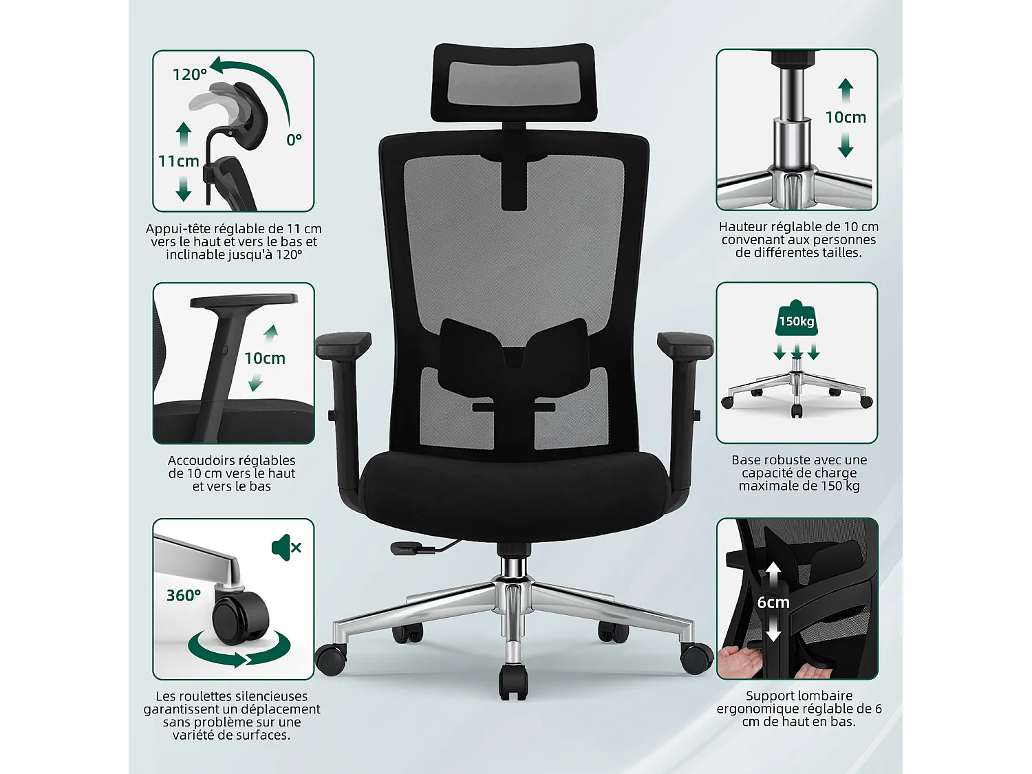 Hiazurm chaise de bureau ergonomique avec appuie-tête et accoudoirs réglables en hauteur – fauteuil de bureau confortable pour le travail à domicile