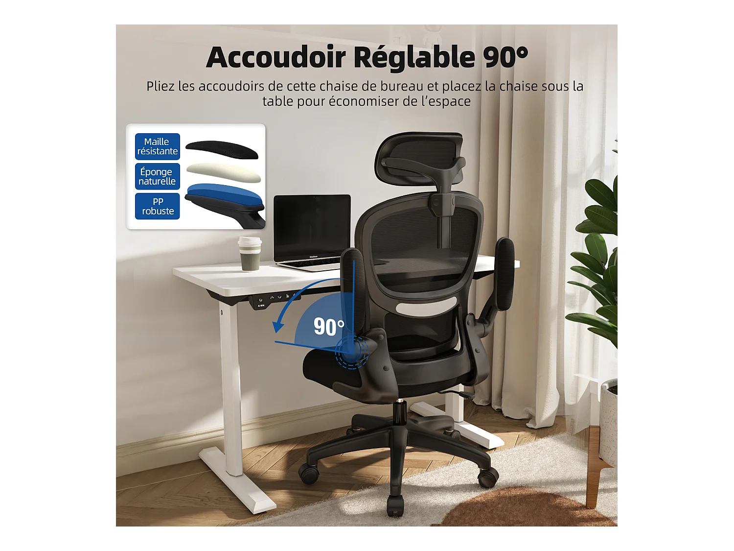 Hiazurm Chaise de Bureau Ergonomique avec Appuie-tête, Fauteuil Confortable avec Accoudoirs Intégrés Rabattables à 90°, Hauteur Réglable et Soutien Lombaire