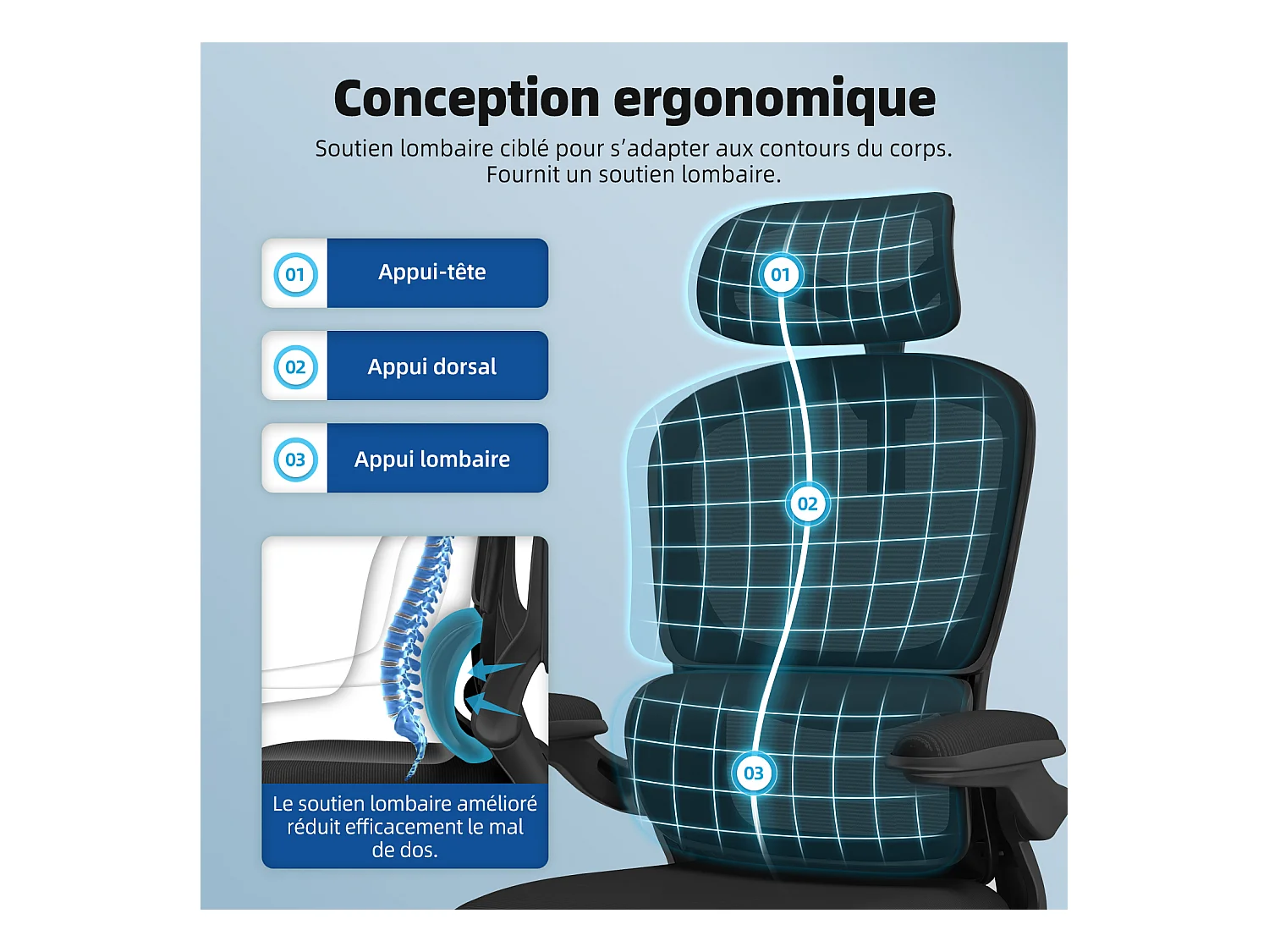 Hiazurm Chaise de Bureau Ergonomique avec Appuie-tête, Fauteuil Confortable avec Accoudoirs Intégrés Rabattables à 90°, Hauteur Réglable et Soutien Lombaire