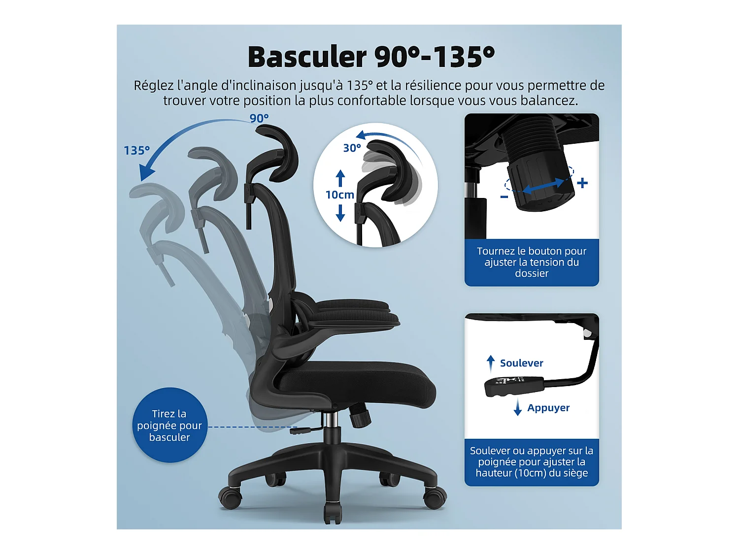 Hiazurm Chaise de Bureau Ergonomique avec Appuie-tête, Fauteuil Confortable avec Accoudoirs Intégrés Rabattables à 90°, Hauteur Réglable et Soutien Lombaire