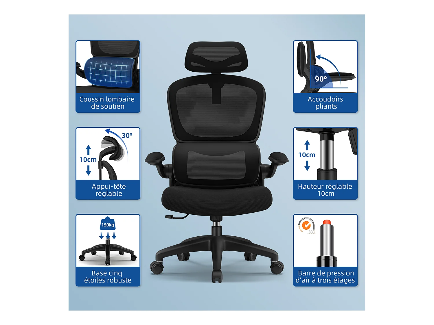 Hiazurm Chaise de Bureau Ergonomique avec Appuie-tête, Fauteuil Confortable avec Accoudoirs Intégrés Rabattables à 90°, Hauteur Réglable et Soutien Lombaire