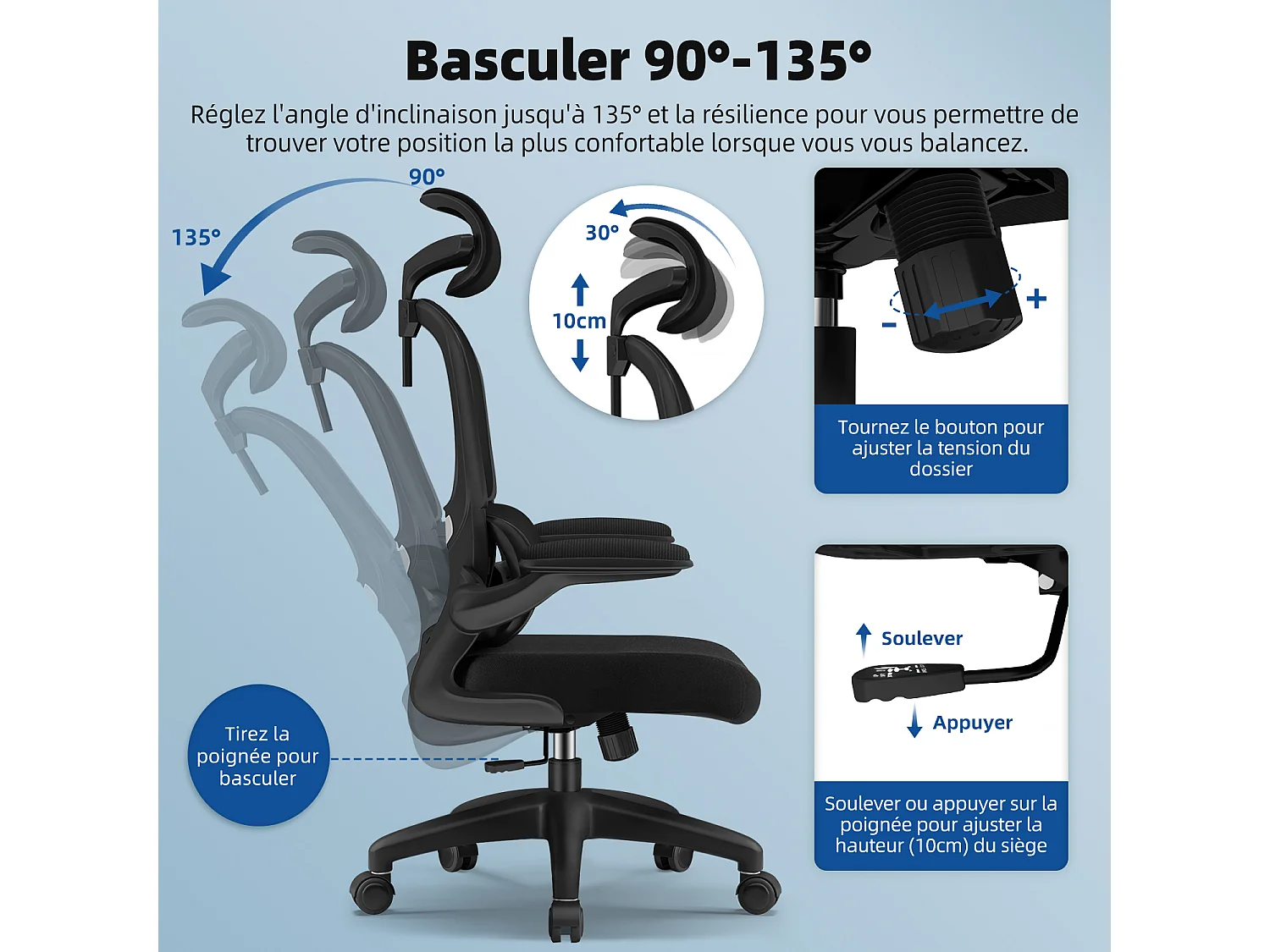 Hiazurm Chaise de Bureau Ergonomique avec Appuie-tête, Fauteuil Confortable avec Accoudoirs Intégrés Rabattables à 90°, Hauteur Réglable et Soutien Lombaire