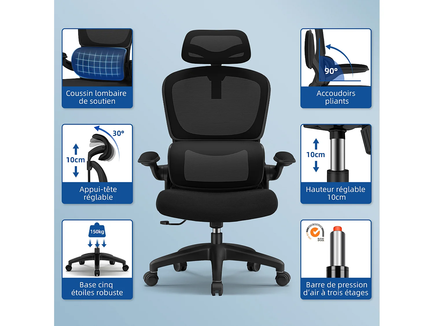 Hiazurm Chaise de Bureau Ergonomique avec Appuie-tête, Fauteuil Confortable avec Accoudoirs Intégrés Rabattables à 90°, Hauteur Réglable et Soutien Lombaire