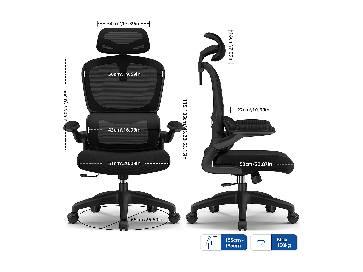Hiazurm Chaise de Bureau Ergonomique avec Appuie-tête, Fauteuil Confortable avec Accoudoirs Intégrés Rabattables à 90°, Hauteur Réglable et Soutien Lombaire
