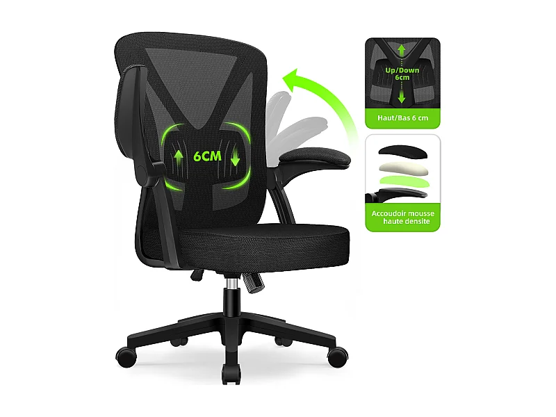 Hiazurm chaise de bureau ergonomique avec accoudoirs 90°, soutien lombaire 6cm – fauteuil confortable pour bureau ou maison