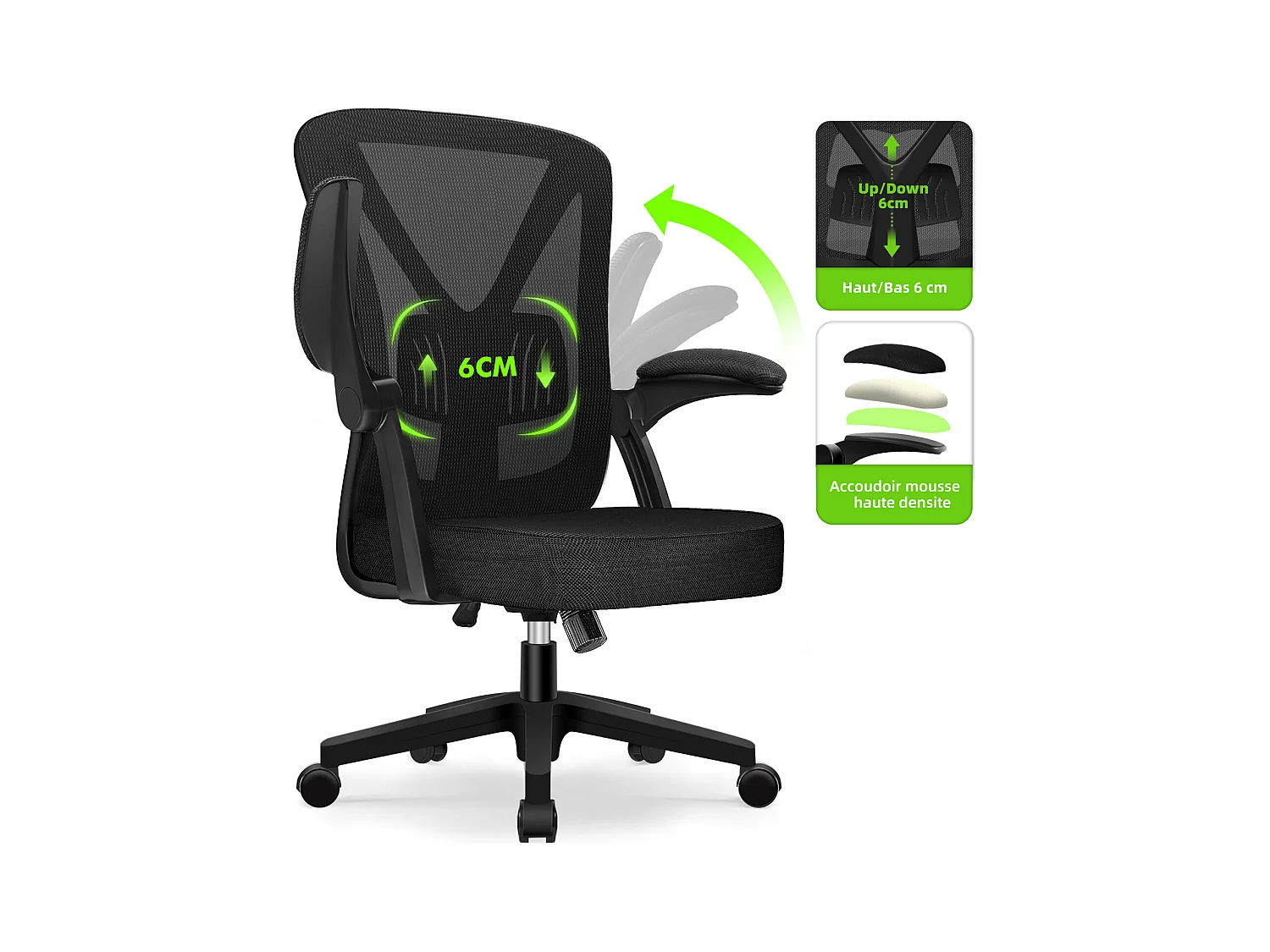 Hiazurm chaise de bureau ergonomique avec accoudoirs 90°, soutien lombaire 6cm – fauteuil confortable pour bureau ou maison