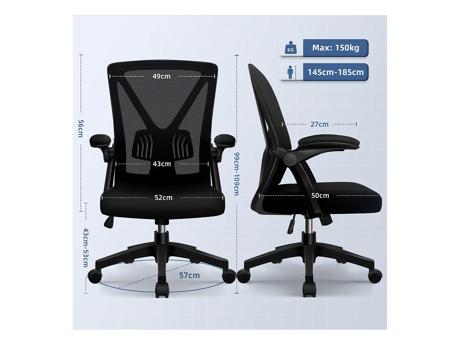 Hiazurm chaise de bureau ergonomique avec accoudoirs 90°, soutien lombaire 6cm – fauteuil confortable pour bureau ou maison