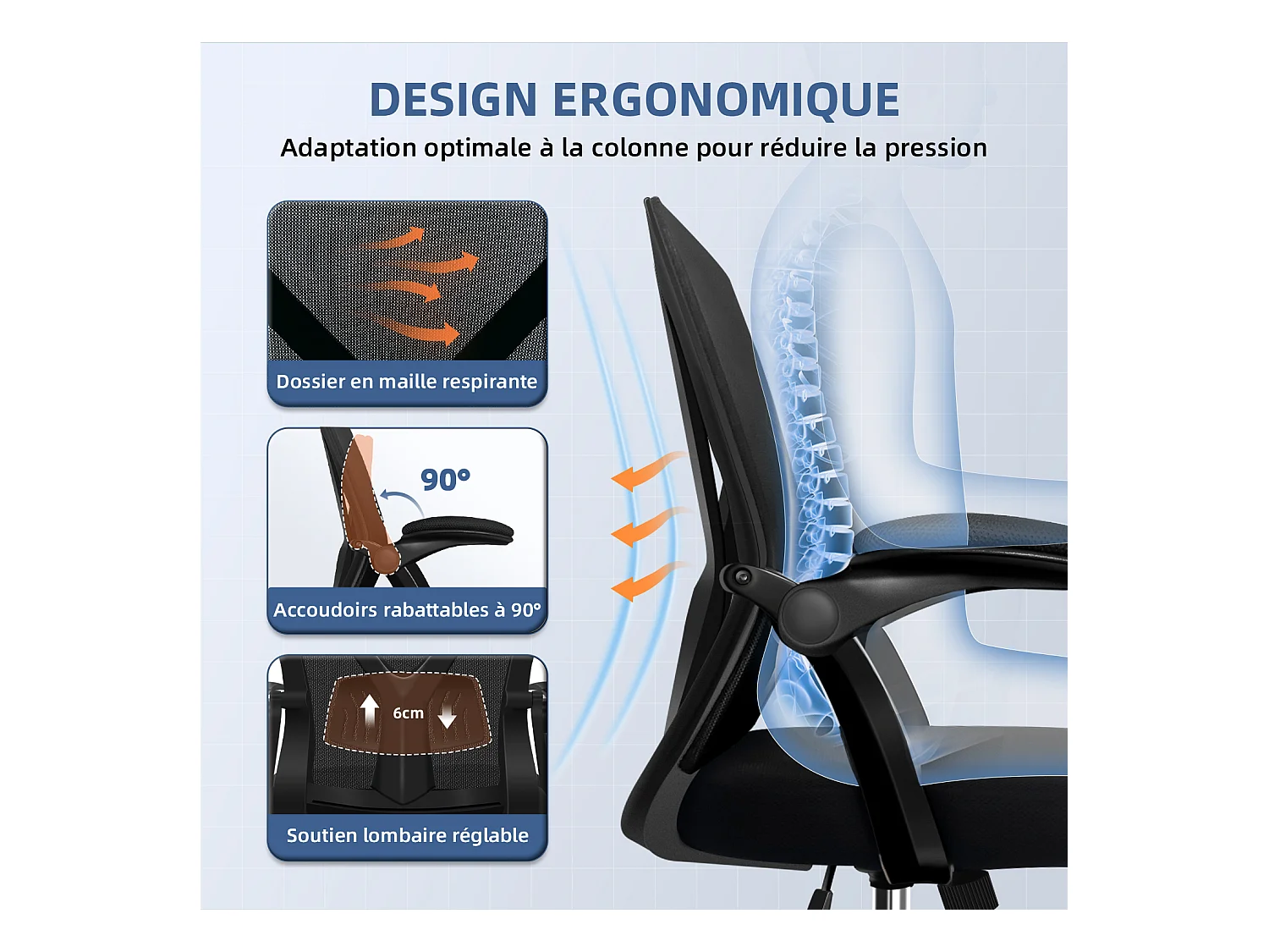 Hiazurm chaise de bureau ergonomique avec accoudoirs 90°, soutien lombaire 6cm – fauteuil confortable pour bureau ou maison