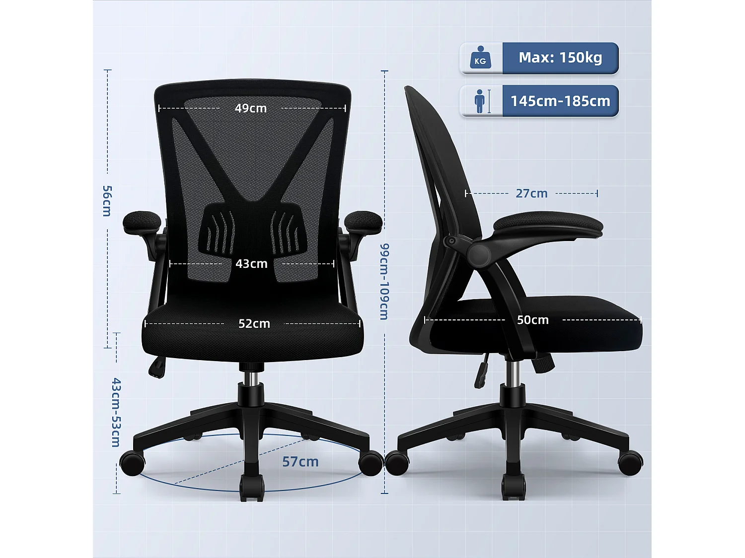 Hiazurm chaise de bureau ergonomique avec accoudoirs 90°, soutien lombaire 6cm – fauteuil confortable pour bureau ou maison