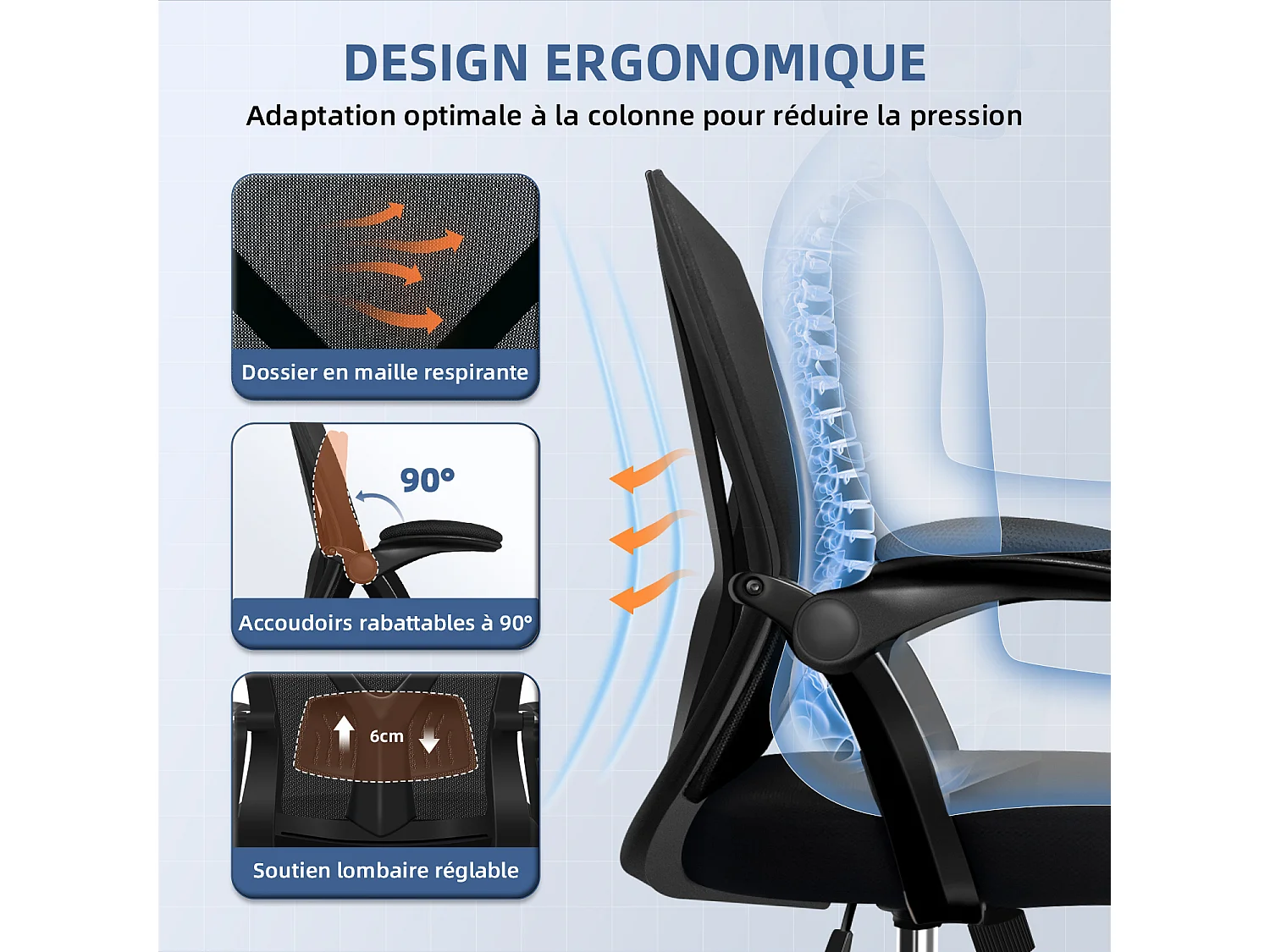 Hiazurm chaise de bureau ergonomique avec accoudoirs 90°, soutien lombaire 6cm – fauteuil confortable pour bureau ou maison
