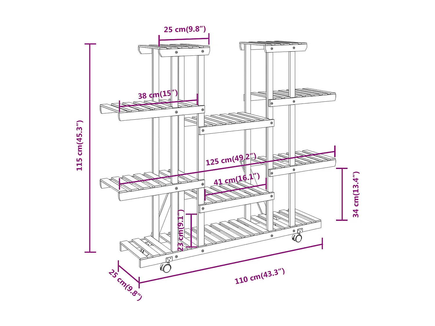 Soporte para flores con ruedas 110x25x115 cm madera maciza de abeto