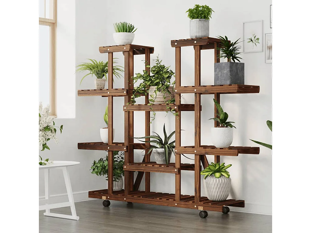 Soporte para flores con ruedas 110x25x115 cm madera maciza de abeto