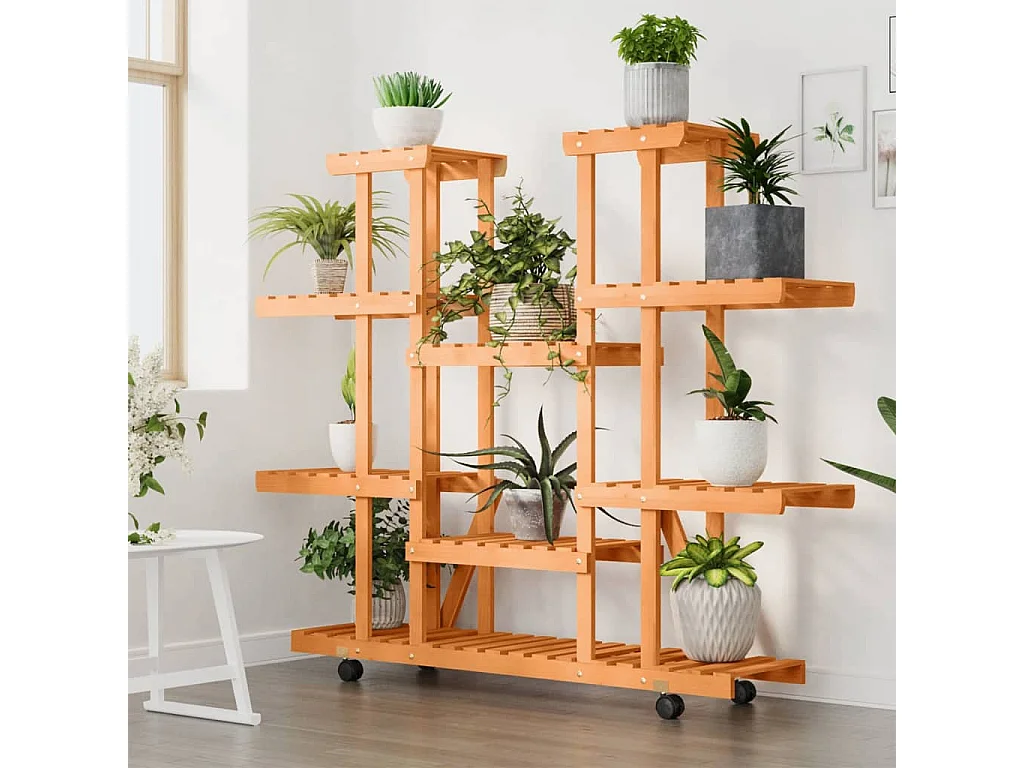 Soporte para flores con ruedas 110x25x115 cm madera maciza de abeto