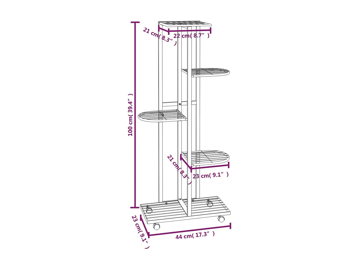 Jardinera de 5 niveles con ruedas 44x23x100 cm Hierro Negro
