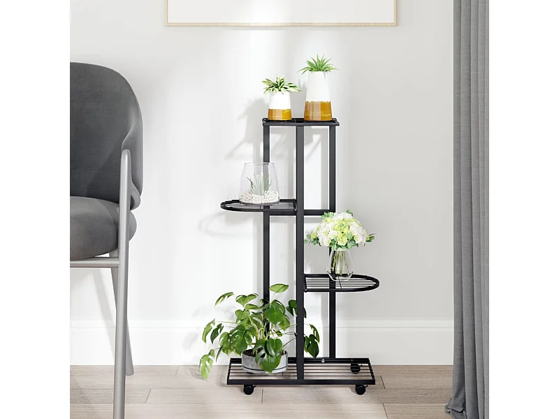 4-laags plantenbak met wielen 44x23x80 cm Zwart ijzer