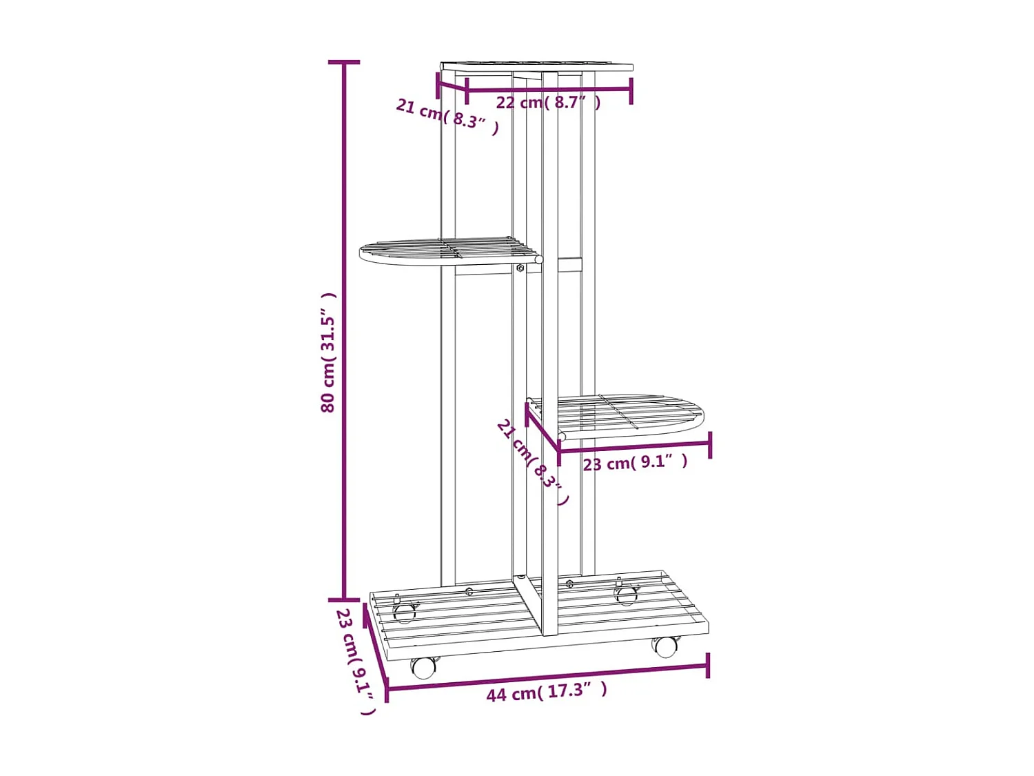 4-laags plantenbak met wielen 44x23x80 cm Zwart ijzer
